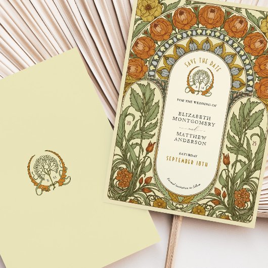 Pioenen & Rozen Art Nouveau Bewaar de datum Kaart