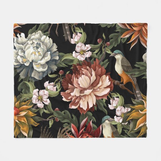 Pioenen, Rozen, Vogels. Fleece Deken (Voorkant (Horizontaal))