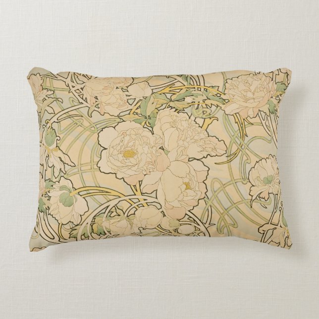 Pioenen van Alphonse Mucha,  Art Nouveau Accent Kussen (Voorkant)
