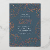 Pioenentuin Donker Stoffig Blauw Bloemen Vrijgezel Folie Uitnodiging (Voorkant)