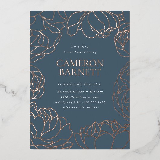 Pioenentuin Donker Stoffig Blauw Bloemen Vrijgezel Folie Uitnodiging (Voorkant)