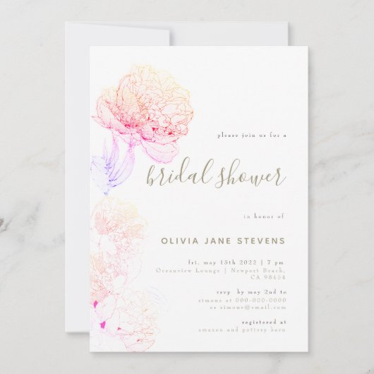 Pioenroos Goud Elegante Bloemenschets Bruidsdouche Kaart (Voorkant)