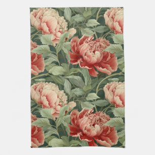 pioenroos theedoek in koraal, blush & salie