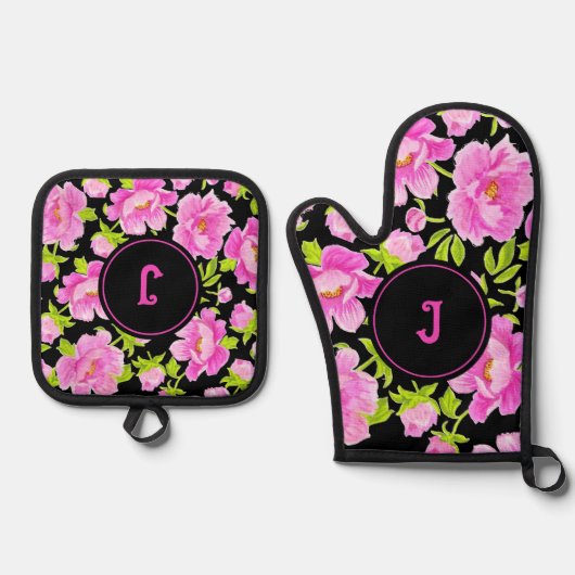 Pioenroze Bloemige Monogram Ovenwant & Pannenlap Set (Voorkant)