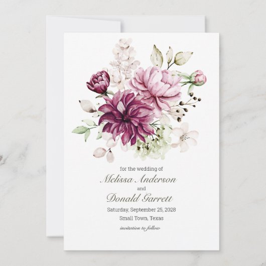 Pioenroze bordeaux bloesem Save the Date (Achterkant)