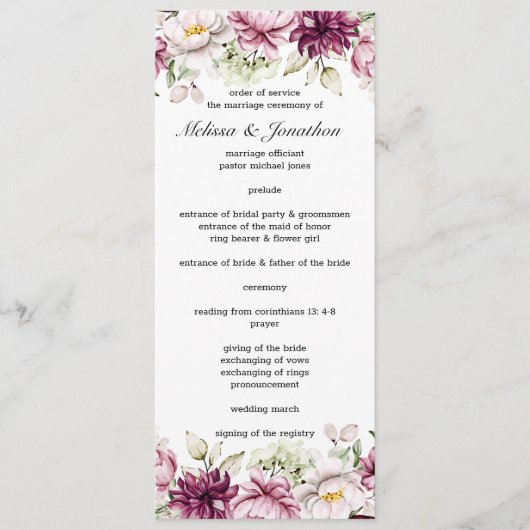 Pioenroze Bourgondië Floral bruiloft programma (Voorkant)