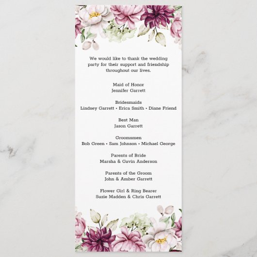 Pioenroze Bourgondië Floral bruiloft programma (Achterkant)