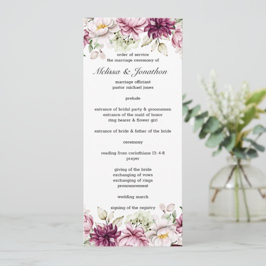 Pioenroze Bourgondië Floral bruiloft programma (Staand voorkant)