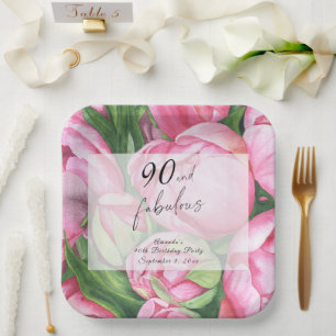 Pioenrozen bloemen 90ste verjaardagsfeestje  papieren bordje