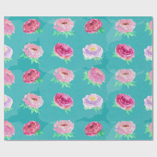 Pioenrozen Bloempatroon Roze Aquarel Turquoise Inp Cadeaupapier