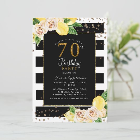 Pioenrozen Citroenen 70 Verjaardagsuitnodiging Zwa Kaart (Staand voorkant)