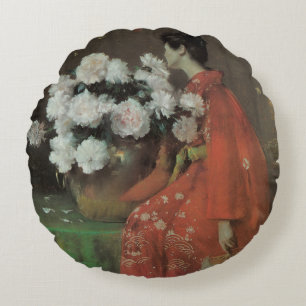 Pioenrozen door William Merritt Chase, Vintage Fin Rond Kussen