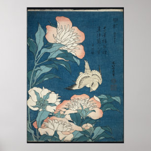 Pioenrozen en Kanarie door Katsushika Hokusai 1834 Poster