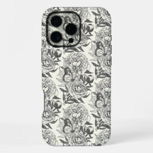 Pioenrozen en vlinders blokdruk, zwart en wit iPhone 16 pro max hoesje