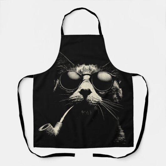 Pipe Kat - Cool Retro Kat Grafisch Monochroom Schort (Voorkant)