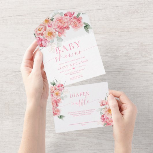 Piper Peony Bloemen Baby shower All In One Uitnodiging (Afscheurbaar)