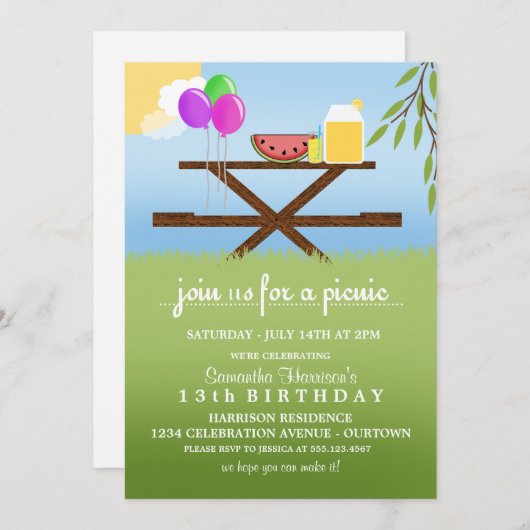 Pique-nique d'été Invitations de fête d'anniversai (Devant / Derrière)