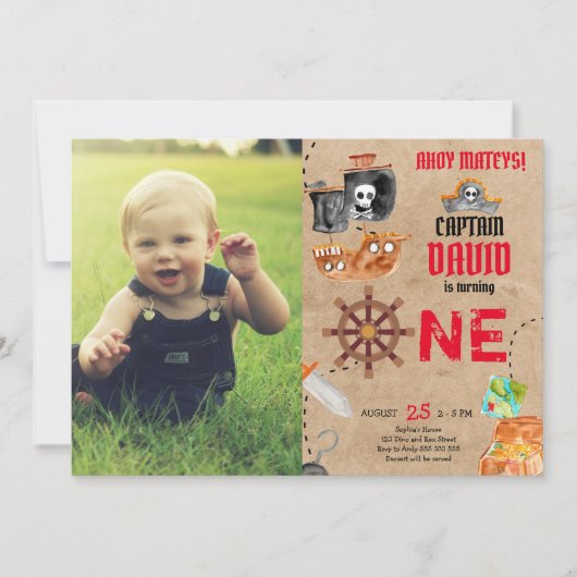 Piraat Eerste Verjaardag Jongen 1e Verjaardag met  Kaart (Voorkant)