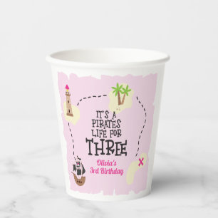 Piraat leven voor DRIE me Pink Verjaardag Papieren Bekers