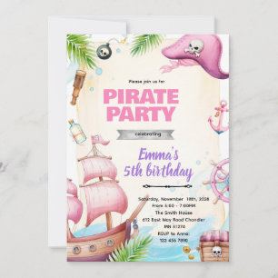 Piraat meisje verjaardag thema uitnodiging