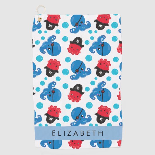 Piraat Octopus, Octopus Patroon, Zee, Jouw naam Golfhanddoek (Voorkant)