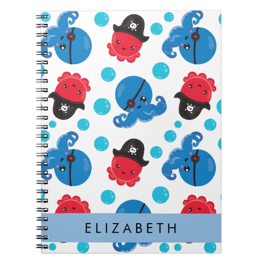 Piraat Octopus, Octopus Patroon, Zee, Jouw naam Notitieboek (Voorkant)