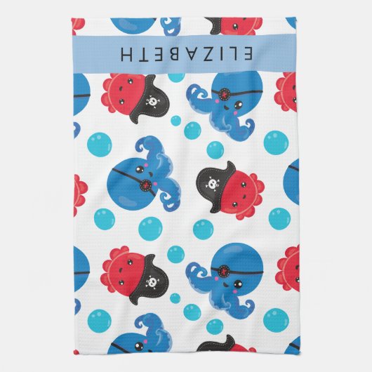 Piraat Octopus, Octopus Patroon, Zee, Jouw naam Theedoek (Verticaal)