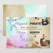 Piraat of zeemeermin uitnodiging verjaardag Broers (Voorkant / Achterkant)