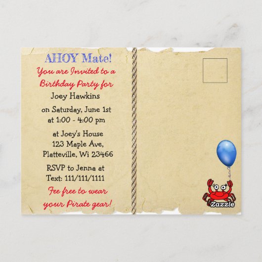 Piraat Thema Verjaardagsuitnodiging Briefkaart (Achterkant)