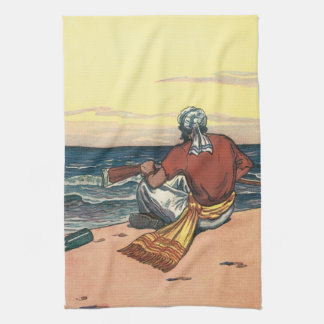 Piraat uit de oude tijd, gestrand op een onbewoond theedoek