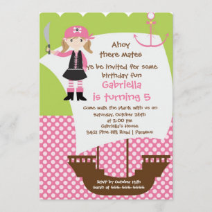 Pirate Ahoy Mates Birthday Party Invitation Girl Kaart