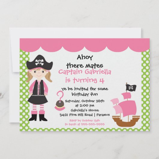 Pirate Ahoy Mates Birthday Party Invitation Girl Kaart (Voorkant)