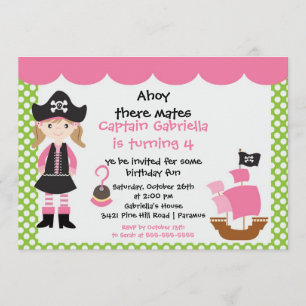 Pirate Ahoy Mates Birthday Party Invitation Girl Kaart