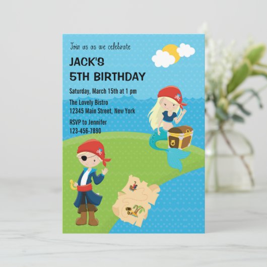 Pirate and Mermaid verjaardagsuitnodiging blauw Kaart (Staand voorkant)