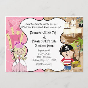 Pirate and Princess Birthay Party Invitation Kaart