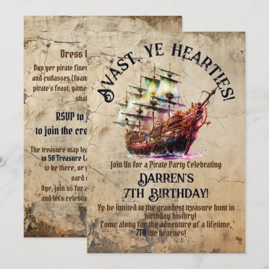 Pirate avontuur wacht |  Ship Theme Party Kaart (Voorkant / Achterkant)