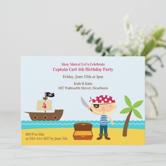 Pirate Birthday Party Platte Uitnodiging (Staand voorkant)