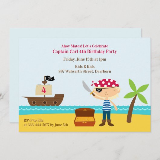 Pirate Birthday Party Platte Uitnodiging (Voorkant / Achterkant)