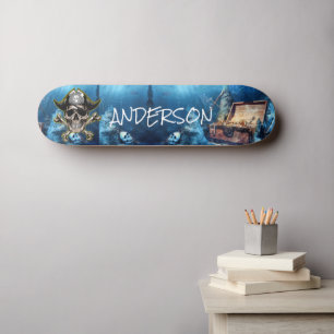 Pirate Blue Skull & Cross Swords Personalized Sk Skateboard