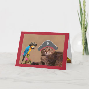 Pirate Cat and Parrot Birthday Kaart