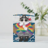 Pirate cat regenboog pluizige trui met een koffie briefkaart (Staand voorkant)