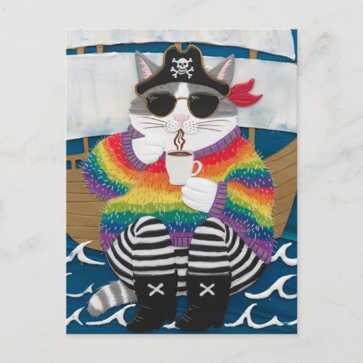 Pirate cat regenboog pluizige trui met een koffie briefkaart (Voorkant)