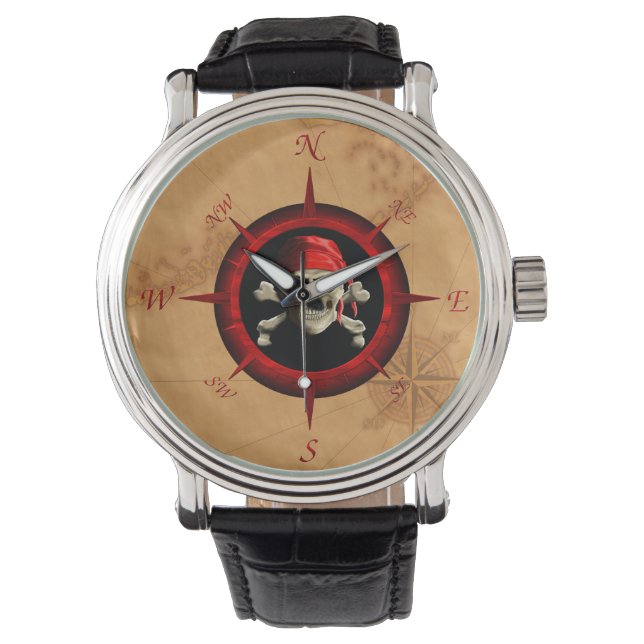 Pirate Compass-Roos en -kaart Horloge (Voorkant)