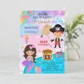 Pirate en Mermaid siblings verjaardagsuitnodiging. Kaart (Staand voorkant)