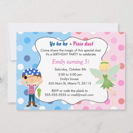 Pirate Fairy Invitation Anniversaire Pink Blue Pix (Devant)