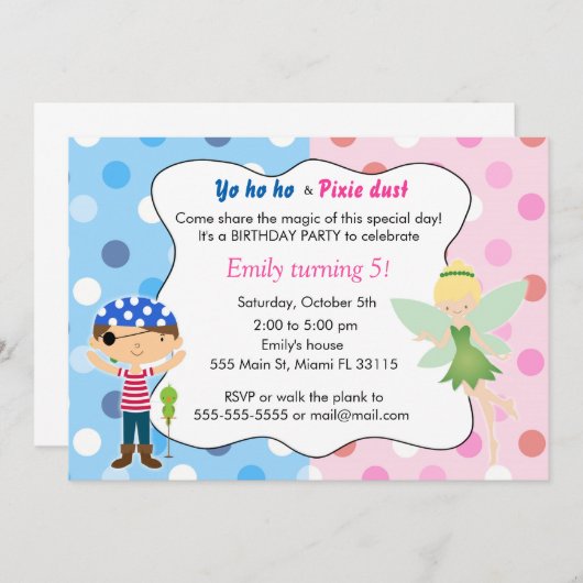 Pirate Fairy Verjaardag Uitnodiging Roze Blauw Pix (Voorkant / Achterkant)