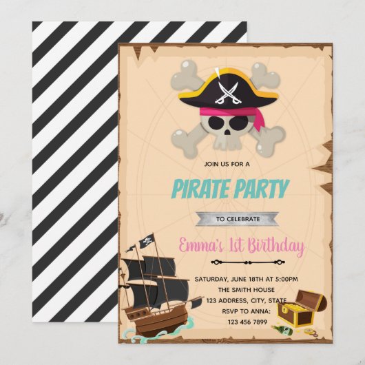 Pirate fille anniversaire invitation douche (Devant / Derrière)
