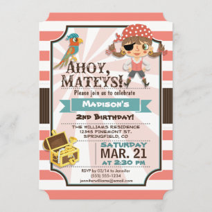 Pirate Girl; Coral Pink & Brown Verjaardagsfeestje Kaart