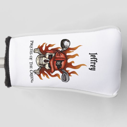 Pirate Golfer Flaming Skull en Crossbones Golfheadcover (Voorkant)