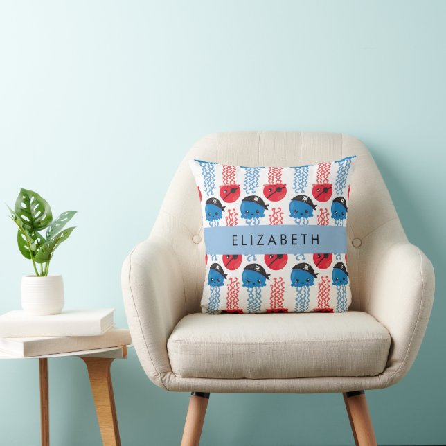 Pirate Jellyfish, Jellyfish Pattern, Jouw naam Kussen (Stoel)